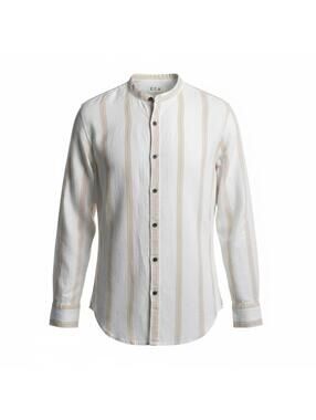 Striped Band Collar Resort Shirt M Mandarin Collar Coastal
